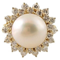 14K Gelbgold Zucht-Mabe Perle/Diamant-Ring Größe 8,25 #15081