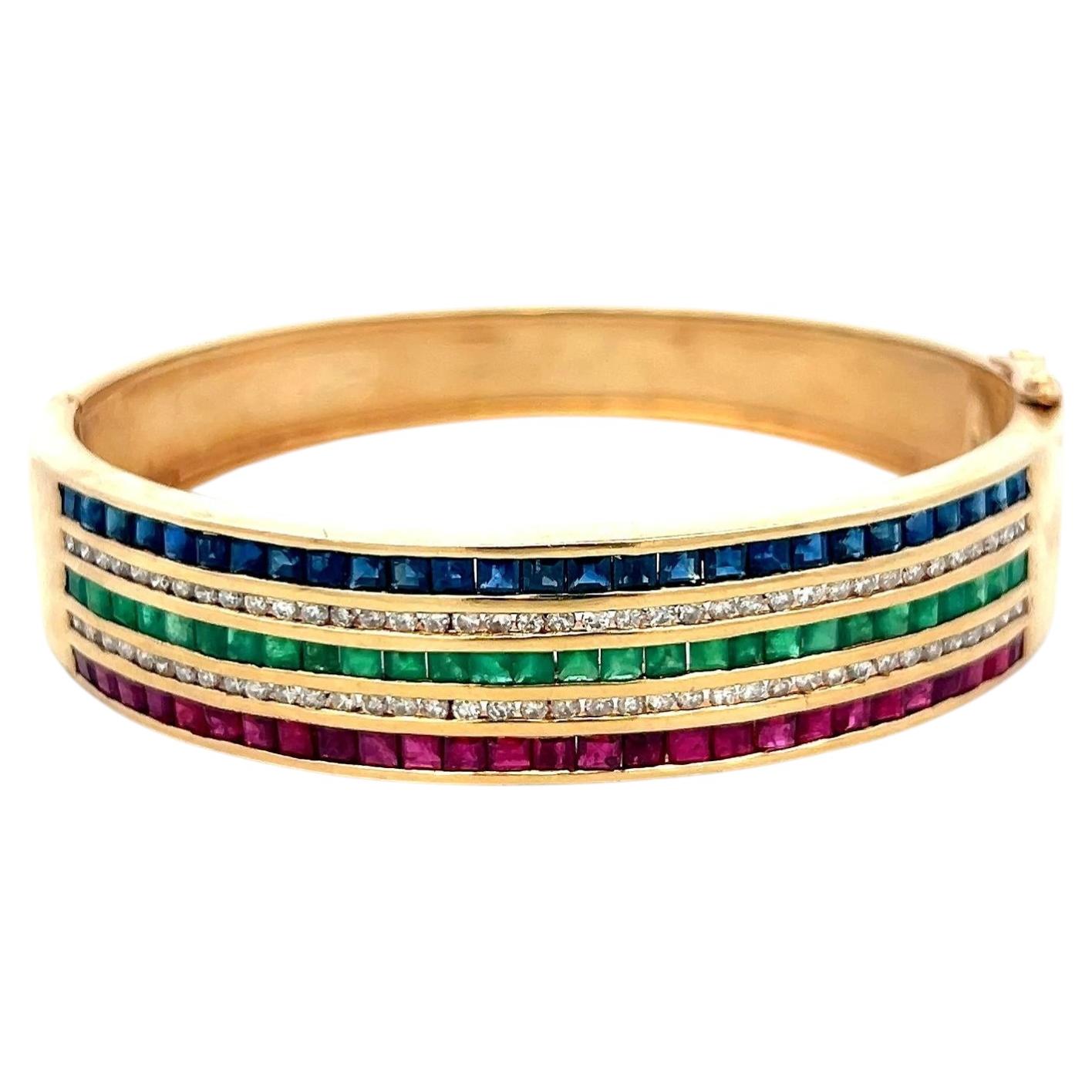 14K YG Bangle Bracelet 1ct Diamonds 1.35ct Ruby 1.35ct Emerald 1.35ct Sapphire