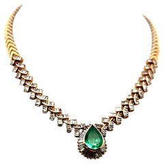 14K YG Collar Necklace with 6.4 Carat Baguette Diamonds & 5.34 Carat Emerald