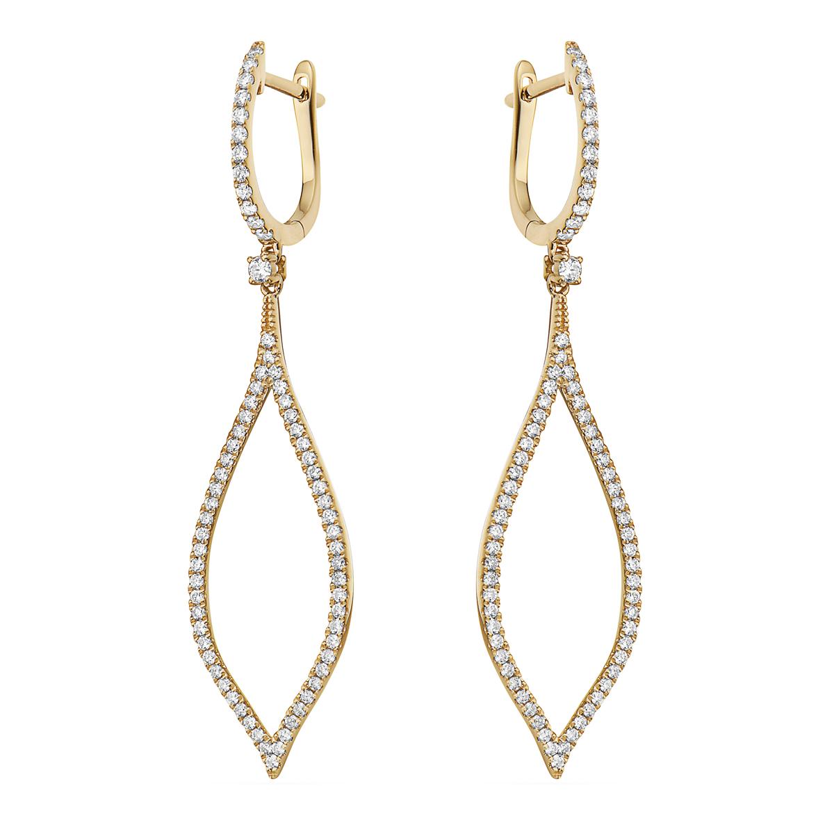 Perfect all year round these dangling earrings are a unique and beautiful accessory. This gorgeous earring is made from 140 VS2, G color diamonds totaling 0.77ct  that are expertly set in 4.1 grams of 18 karat yellow gold. They hang from a small
