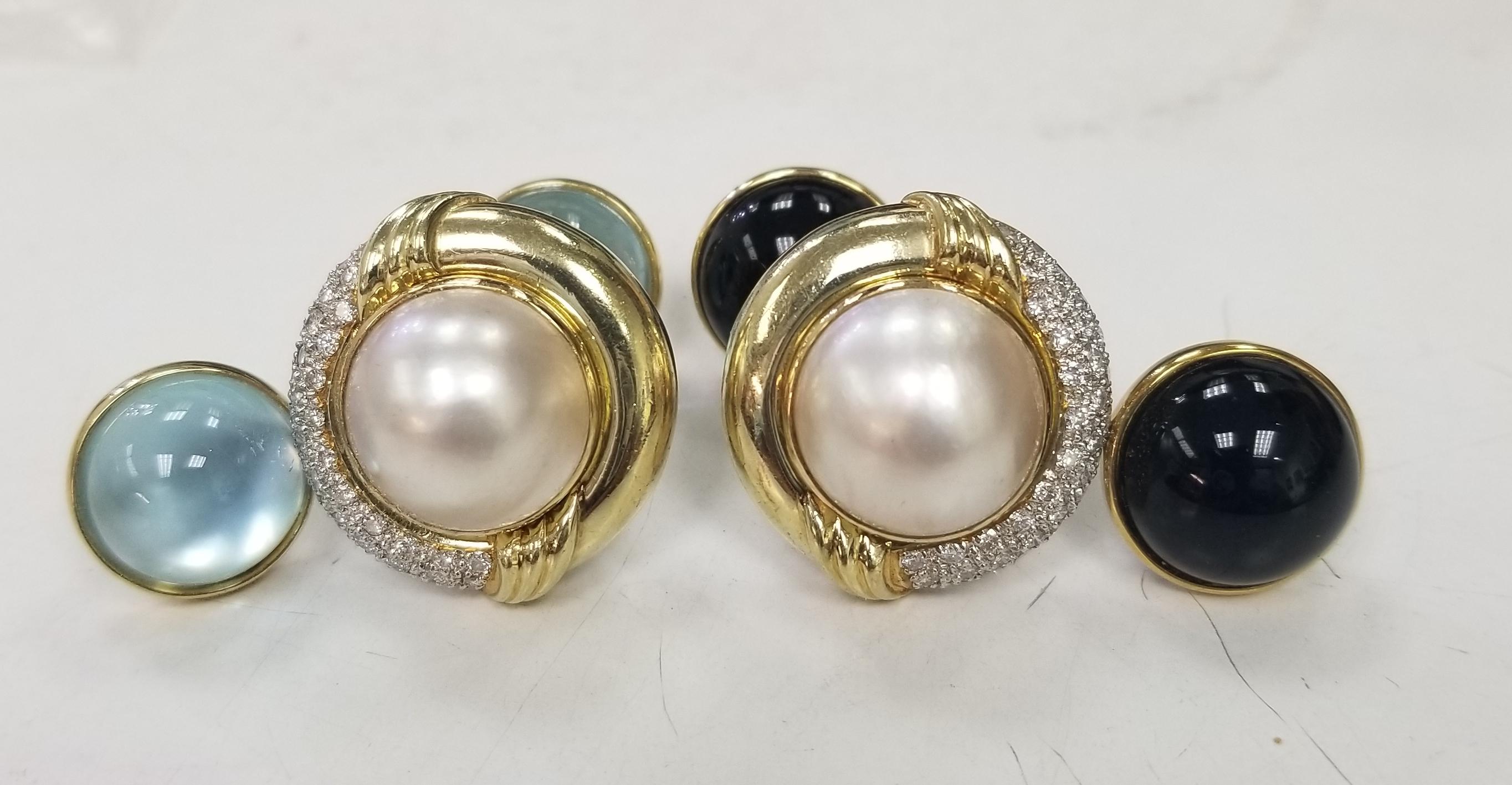 Cabochon 14k Yg Earrings with Diamonds and Interchangeable Mabe Pearl, Blue Topaz & Onyx