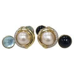 14k Yg Earrings with Diamonds and Interchangeable Mabe Pearl, Blue Topaz & Onyx