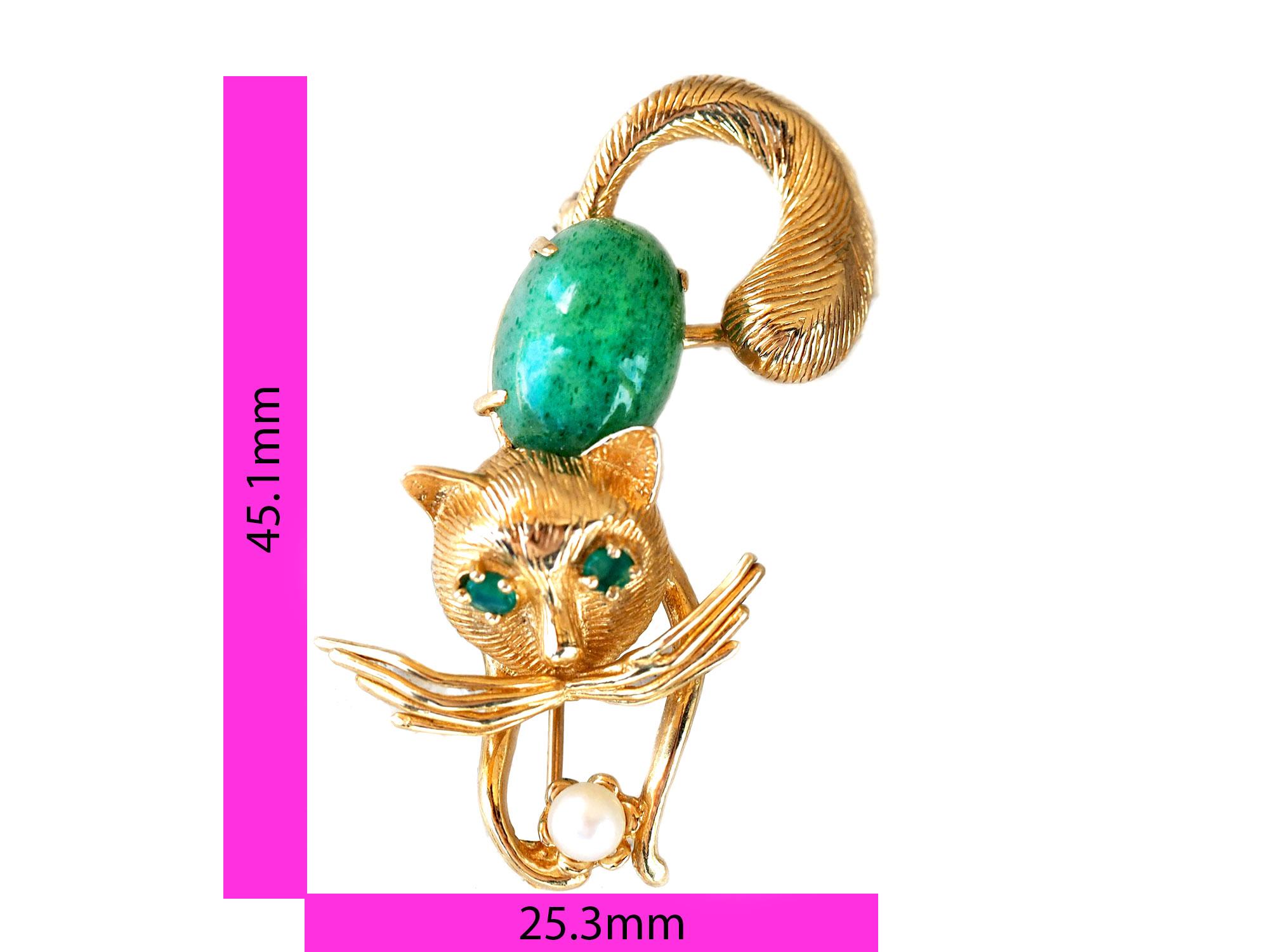 For the cat lover, please see this unique and whimsical yellow gold cat pin (and or brooch) with a jade back and eyes and wonderfully long whiskers. This piece is stamped 