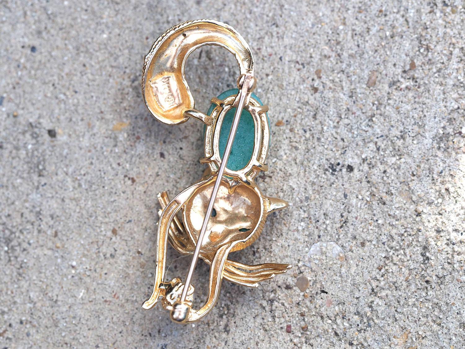 14 Karat Yellow Gold Jade and Pearl Cat Pin/Brooch 1