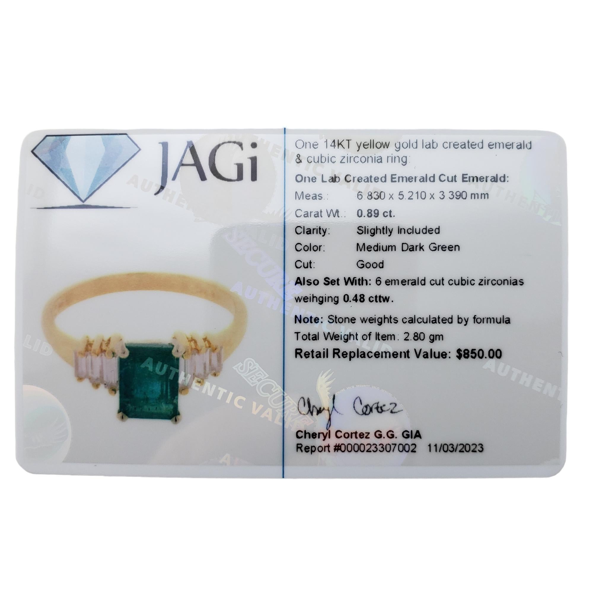 14K YG Lab Created Emerald CZ Ring Size 5.75 JAGi Certified #15883 3