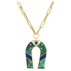 14K Yellow Gold Malachite, Lapiz, Aquamarine and Diamond Horseshoe Necklace