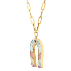 14K Yellow Gold Small Opal, Emerald and Diamond Horseshoe Necklace