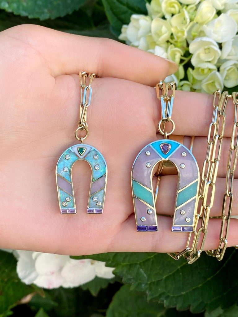 Manifest 14K YG Topaz, Pink Opal and Diamond Horseshoe Necklace