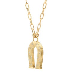 14K Yellow Gold Small Reeded Gold and Diamond Horseshoe Necklace