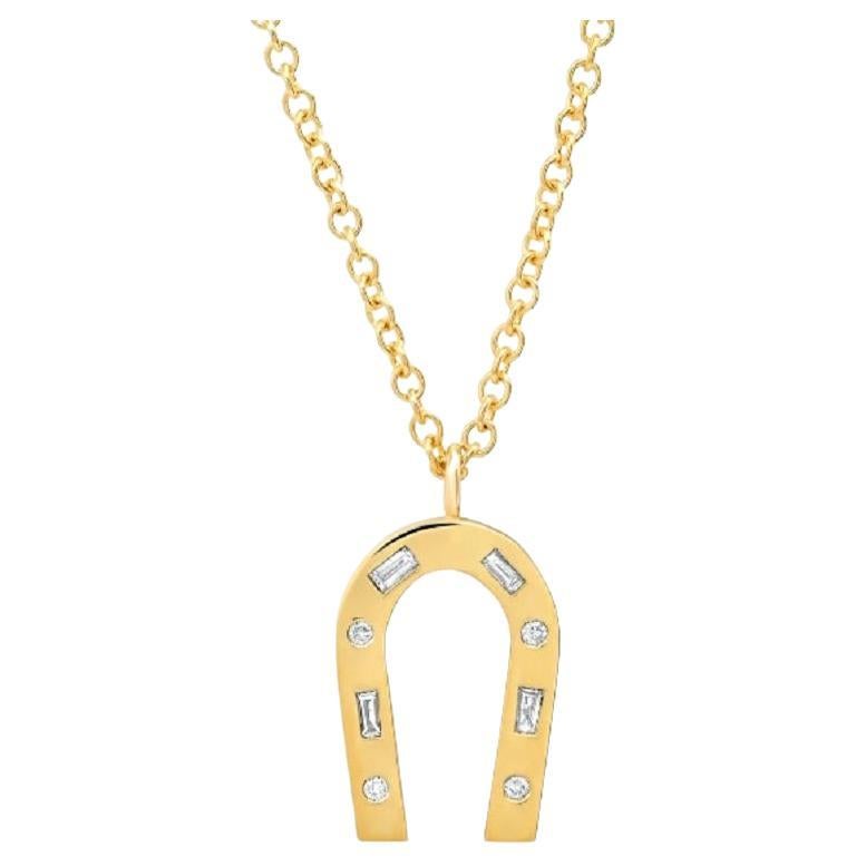 Horseshoe Charm Pendant Diamond Necklace 14K Yellow Gold For Sale at