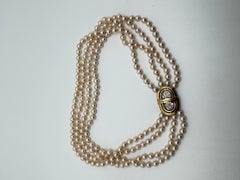 14K Yellow Gold Art Deco Pearl Choker Necklace with Diamonds, 1980s