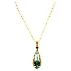 14K YG Pendant Necklace 0.25ct Round Aqua Marine & 33.8x14.3mm Pear Aqua Marine