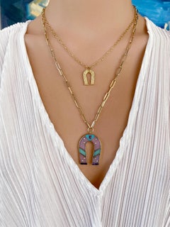 14K Yellow Gold Pink Opal,  Amethyst, And Diamond Horseshoe Necklace