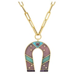 14K Yellow Gold Pink Opal,  Amethyst, And Diamond Horseshoe Necklace