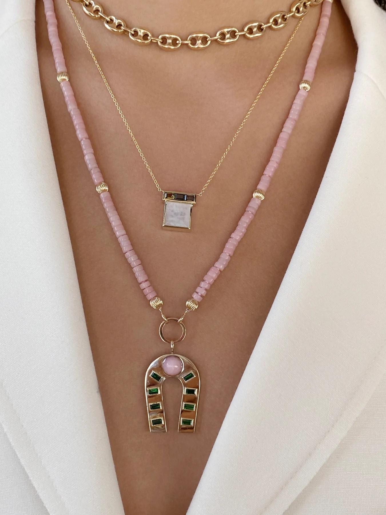 A fresh and gorgeous way to wear your meaningful Talisman charms. We celebrate, as we manifest, trusting that the outcome is on it's way. The Celebration necklace has over 1 ct of Pink Opal, the stone of emotional balance, attracting love, peace and