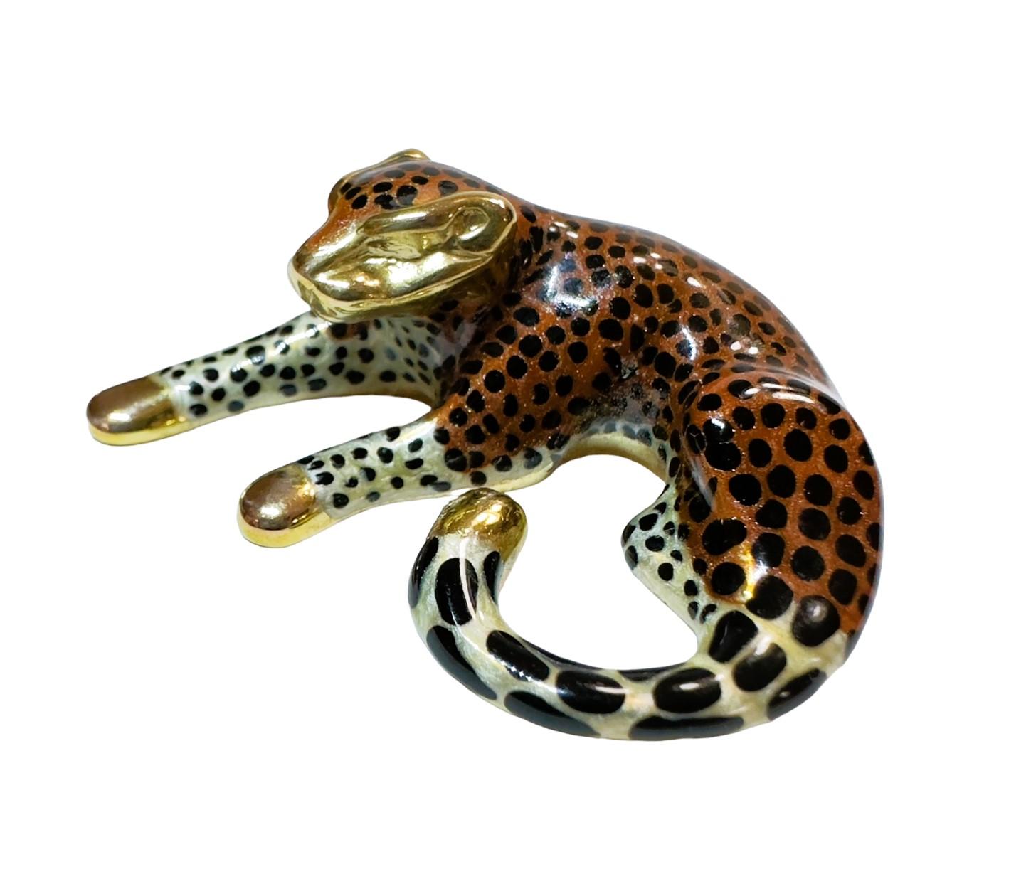 Art Nouveau 14K YG Signed SLC Enamel Leopard Hollow Slide Pendent with Magnetic Chain For Sale