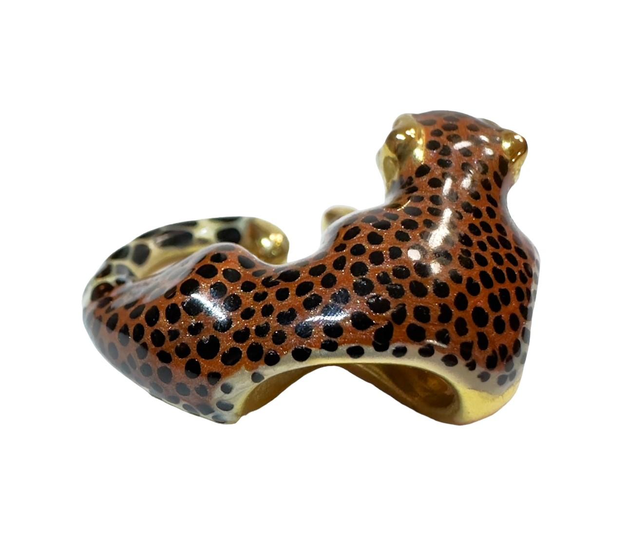 Art Nouveau 14K YG Signed SLC Enamel Leopard Hollow Slide Pendent with Magnetic Chain For Sale