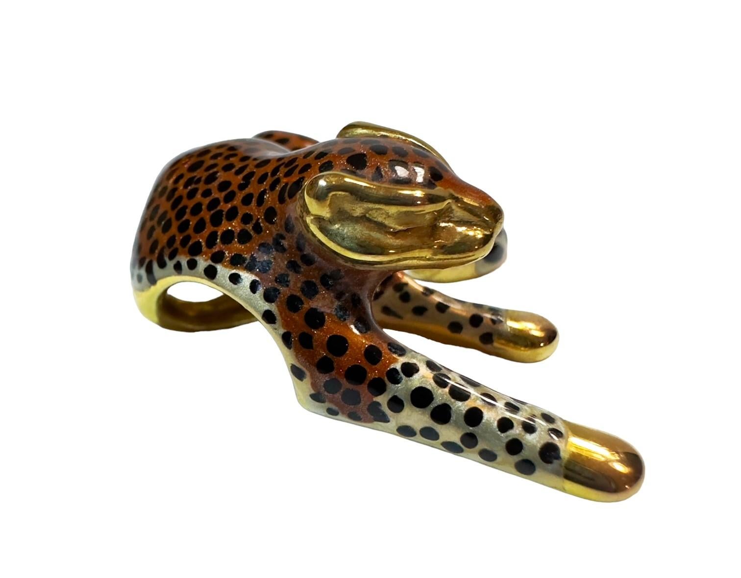 14K YG Signed SLC Enamel Leopard Hollow Slide Pendent with Magnetic Chain In Excellent Condition For Sale In Eagan, MN