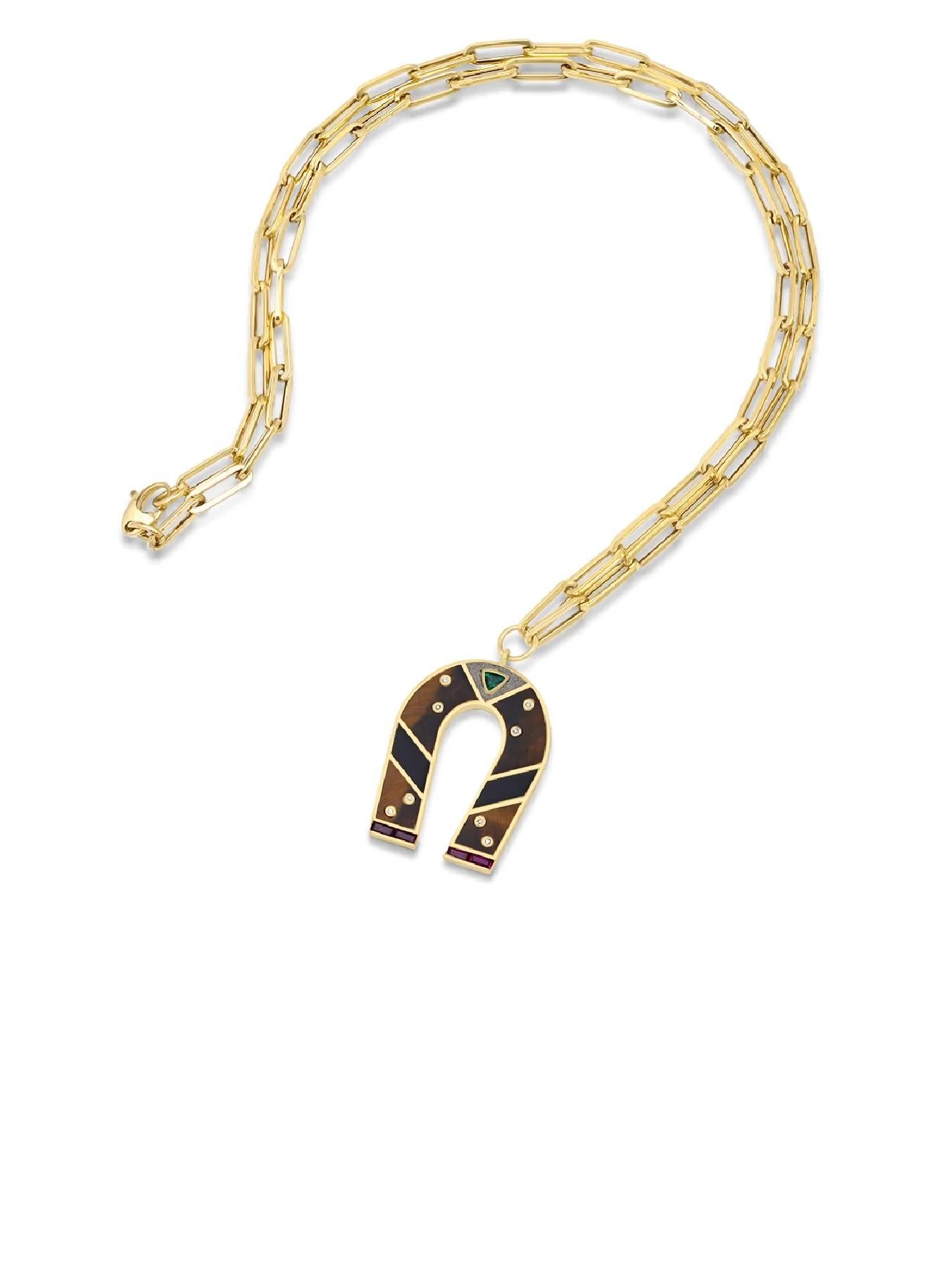 Retro 14K Yellow Gold Tiger's Eye, Ruby And Diamond Horseshoe Necklace For Sale