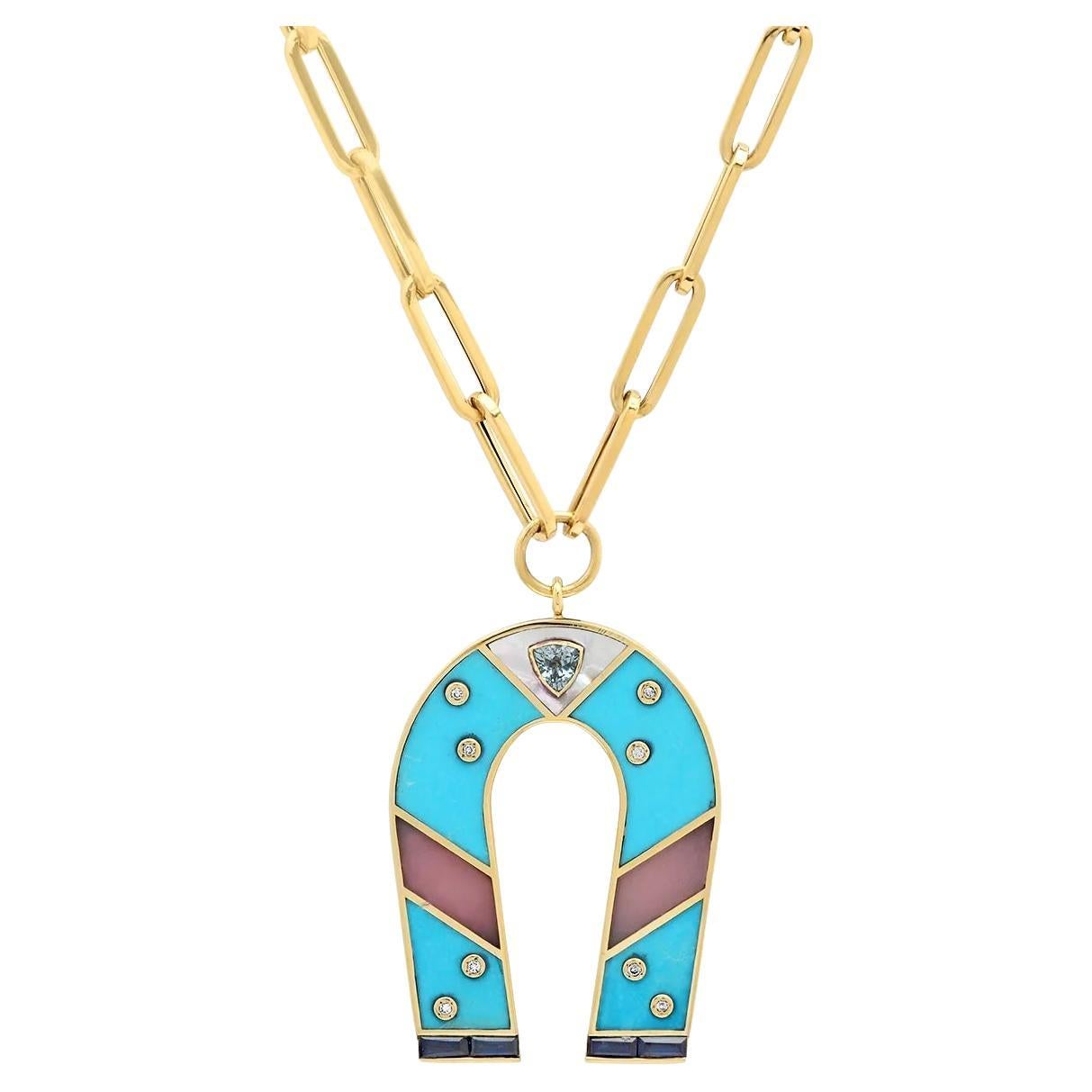 14K YG Pink Opal and Chrysoprase Inlay Manifest Necklace For Sale at