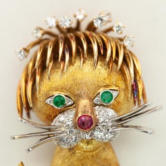 14K YG/WG Diamond Ruby Emerald Lion Brooch