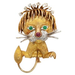14K YG/WG Diamond Ruby Emerald Lion Brooch