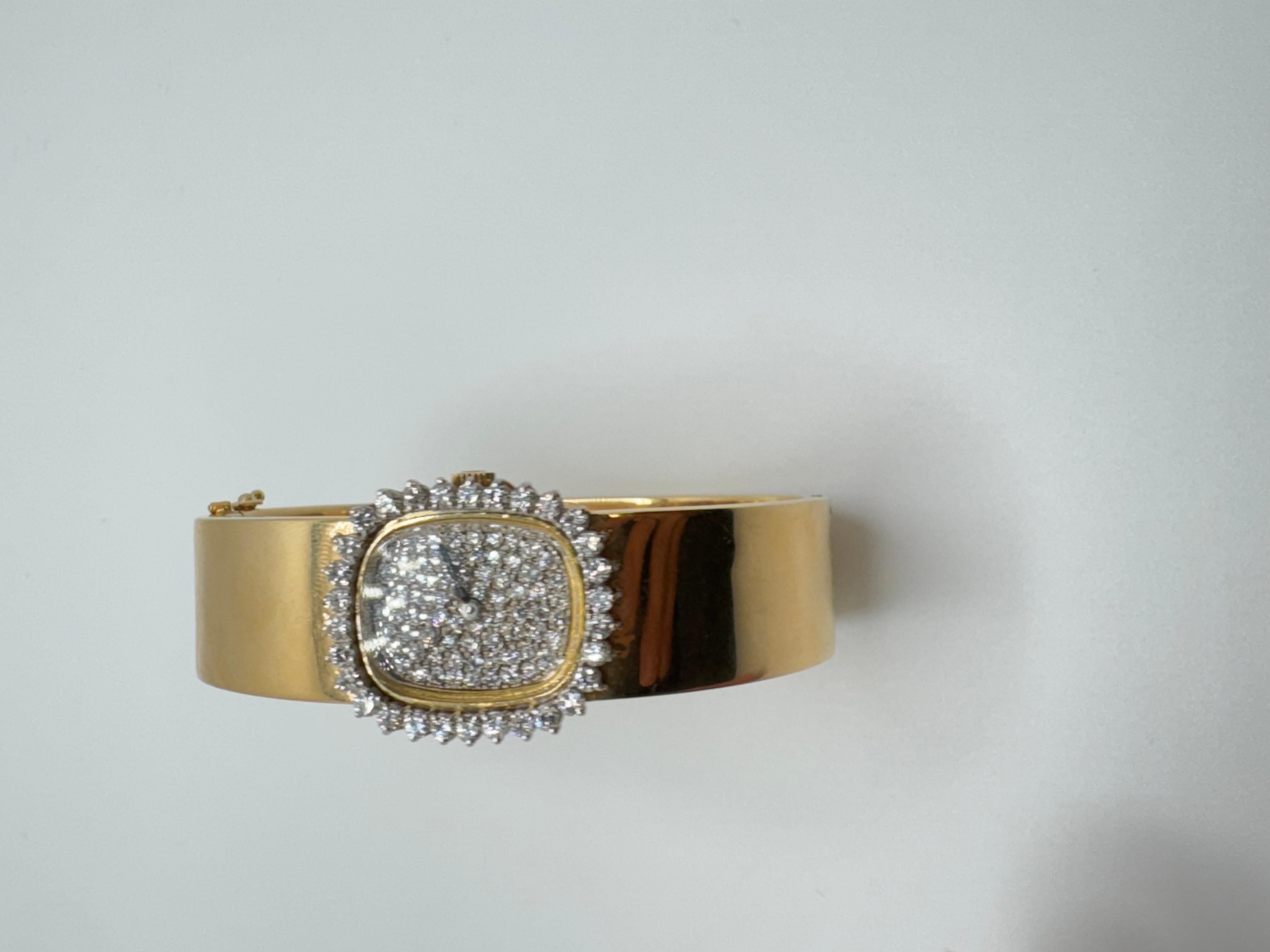 Art Deco 14K YG Wide Bangle Diamond Watch For Sale