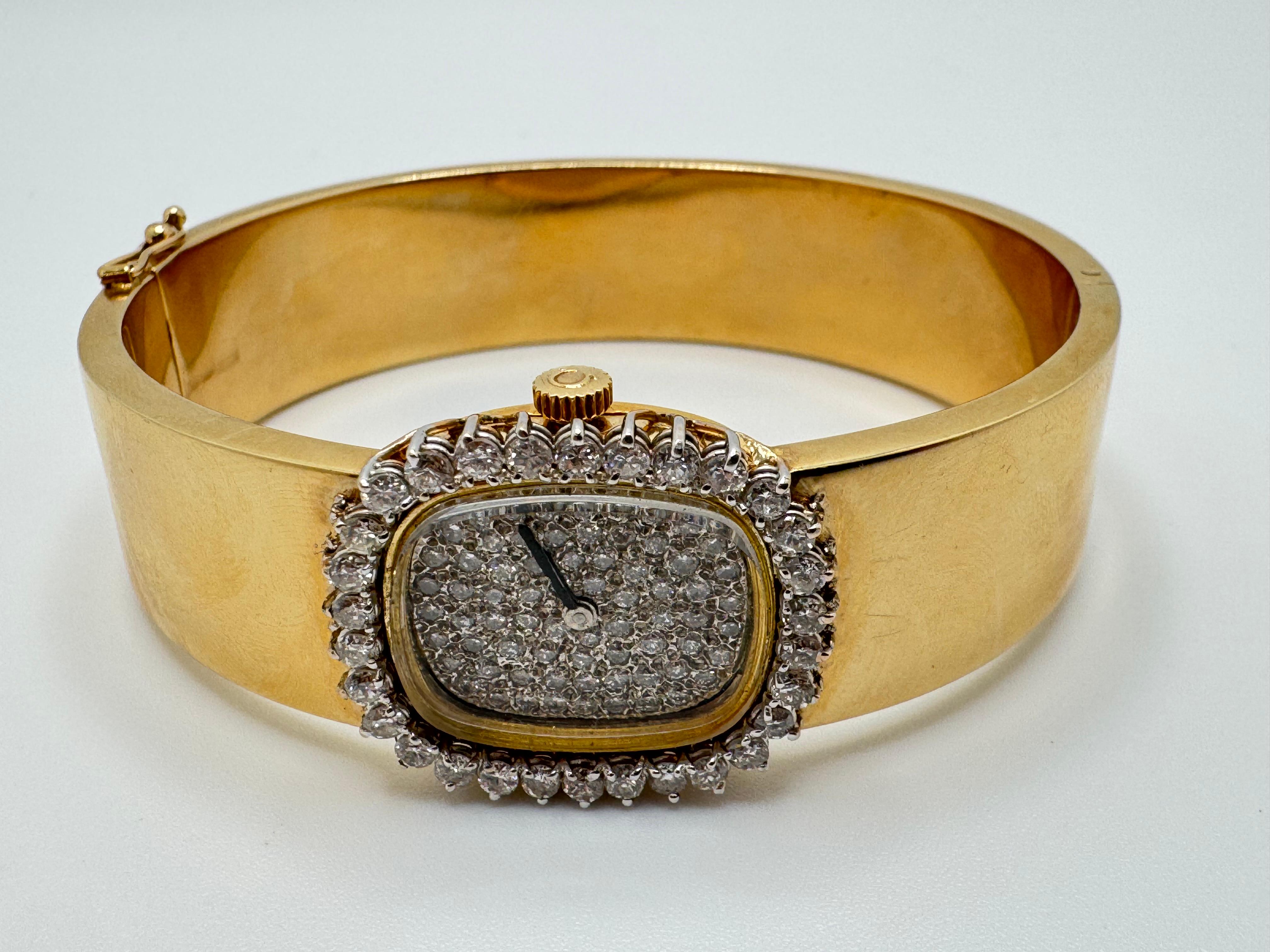 Round Cut 14K YG Wide Bangle Diamond Watch For Sale