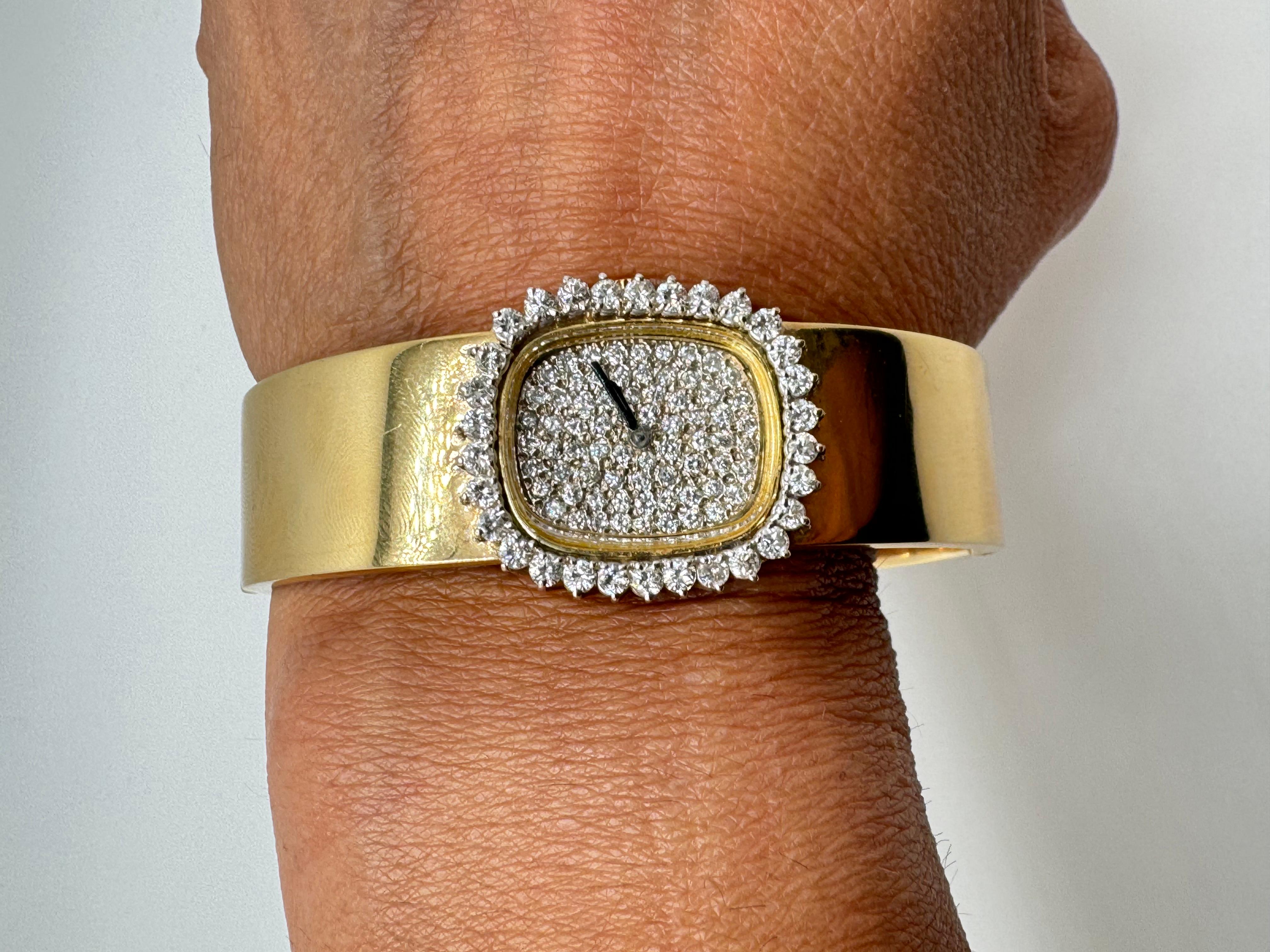 14K YG Wide Bangle Diamond Watch For Sale 3