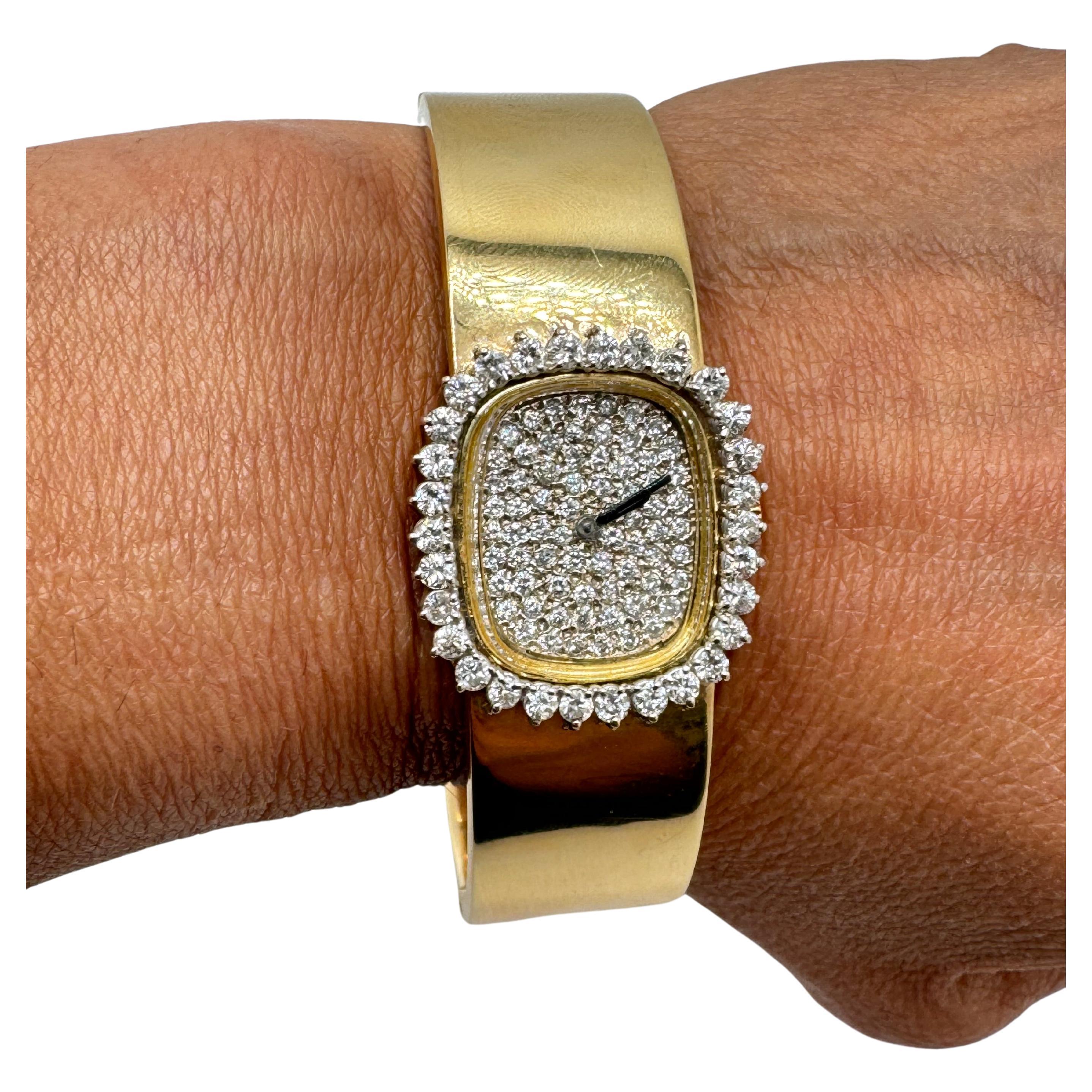 14K YG Wide Bangle Diamond Watch For Sale