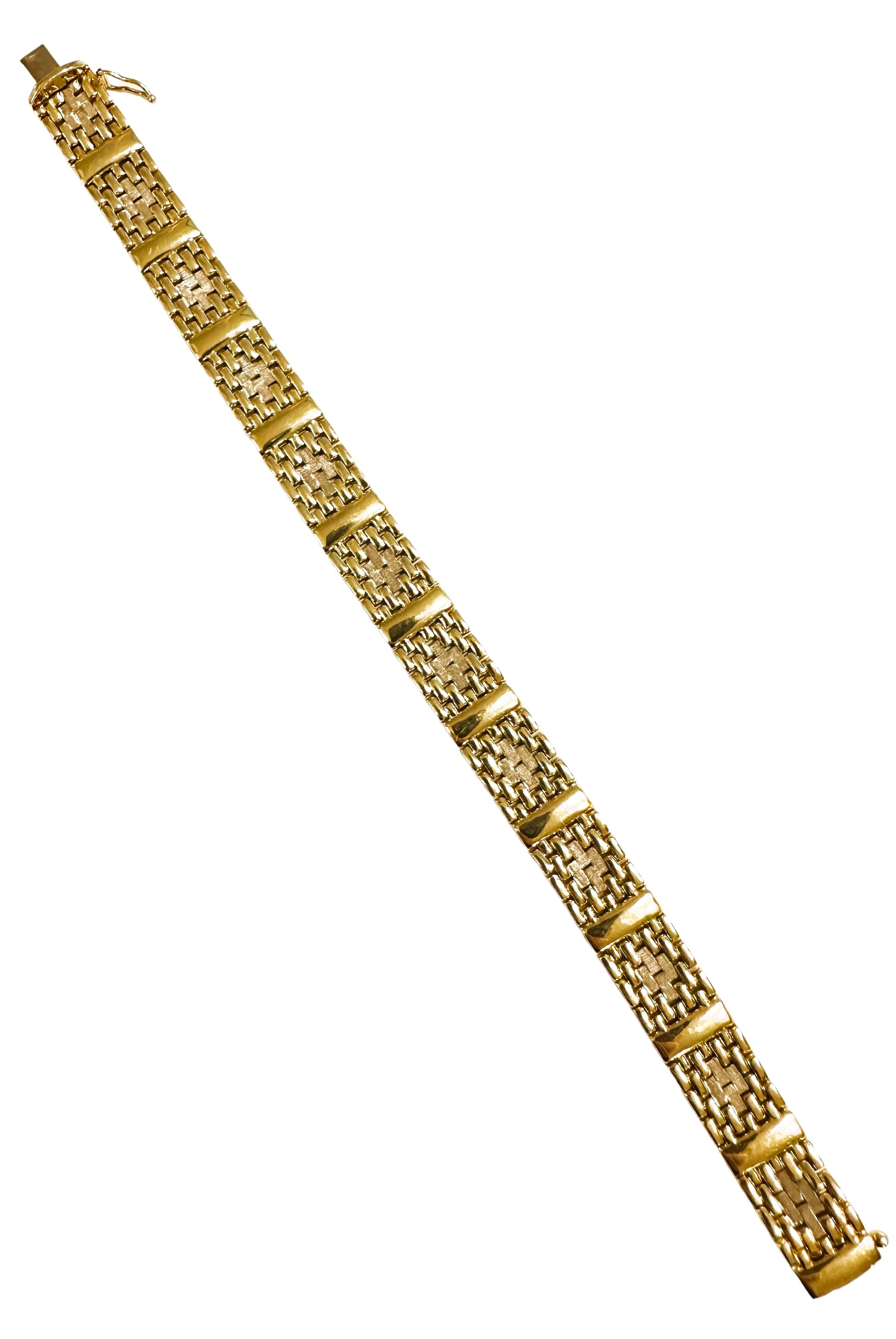 14k YGold Modern Italian Hinged Link Bracelet with Cross Design 21.48 Grams For Sale 9