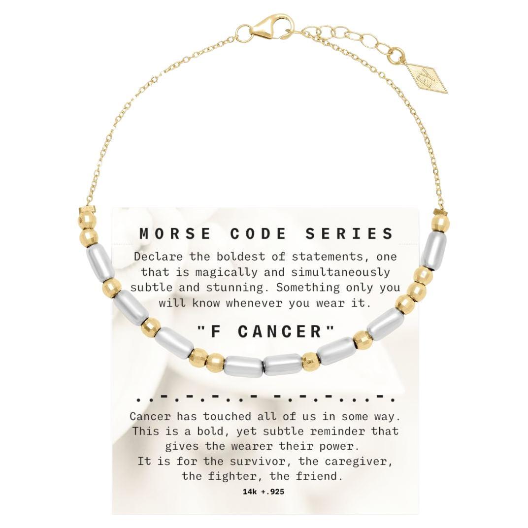 14K+.925 „Morse Code“ Serie F CANCER Armband an verstellbarer 14K Goldkette