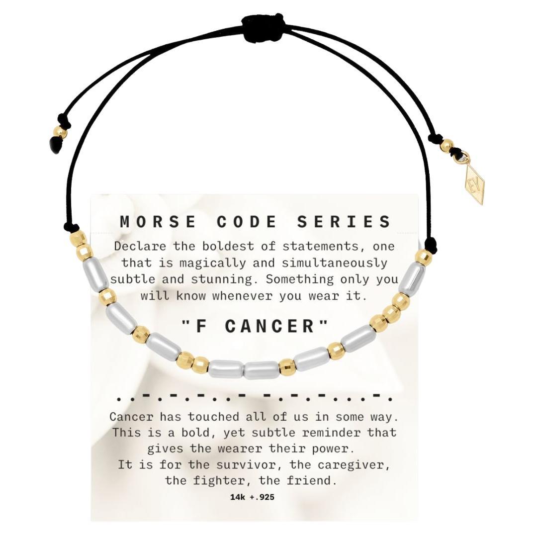 14K+.925 "Morse Code" Series F CANCER Bracelet on Adjustable Macrame Cord For Sale