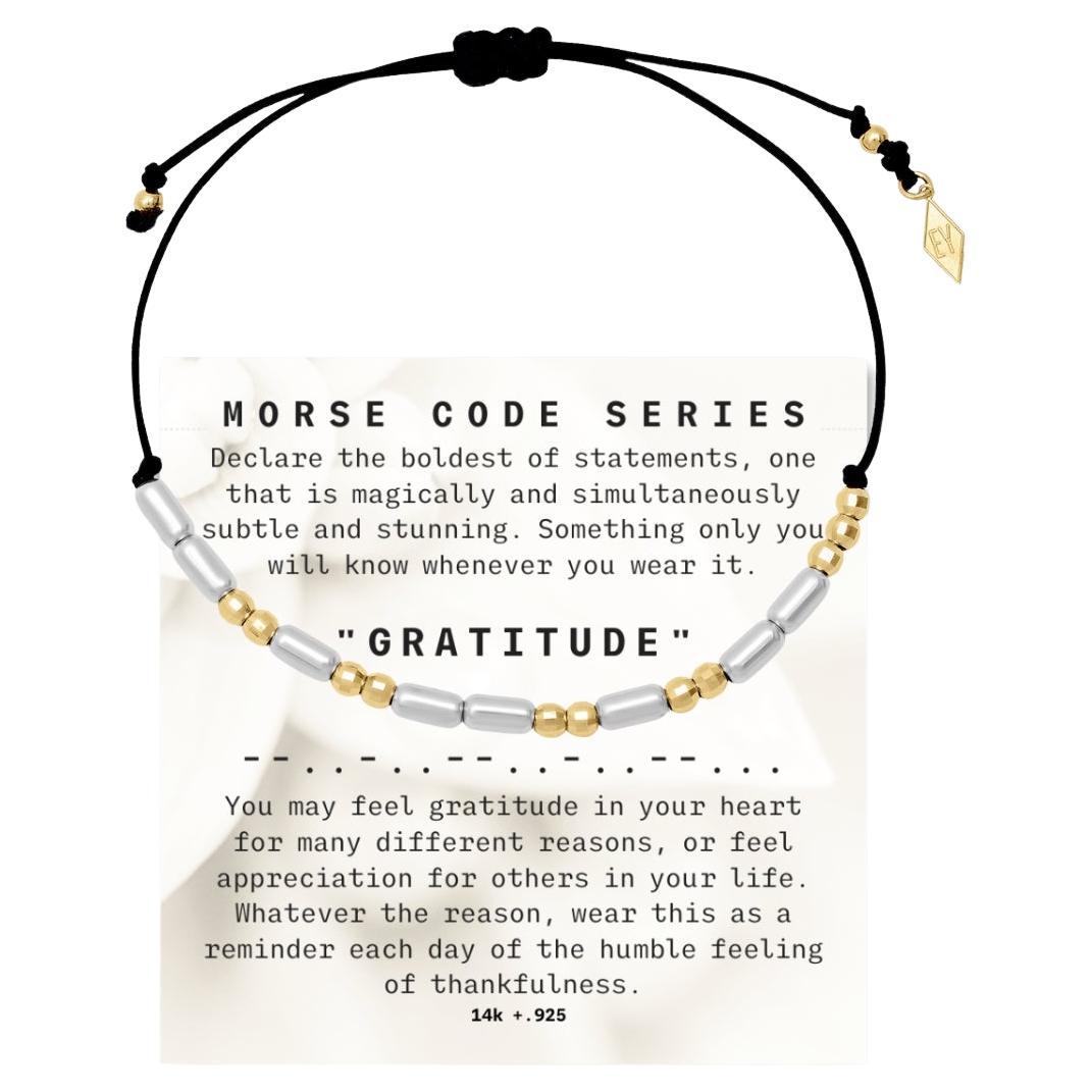 14K+.925 "Morse Code" Series GRATITUDE Bracelet on Adjustable Macrame Cord For Sale