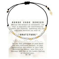 14K+.925 Bracelet de GRATITUDE de la série "Morse" sur Corde Macrame ajustable