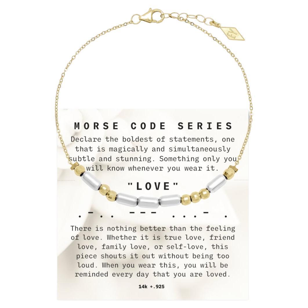 14K+.925 "Morse Code" Series LOVE Bracelet on Adjustable 14K Gold Chain For Sale