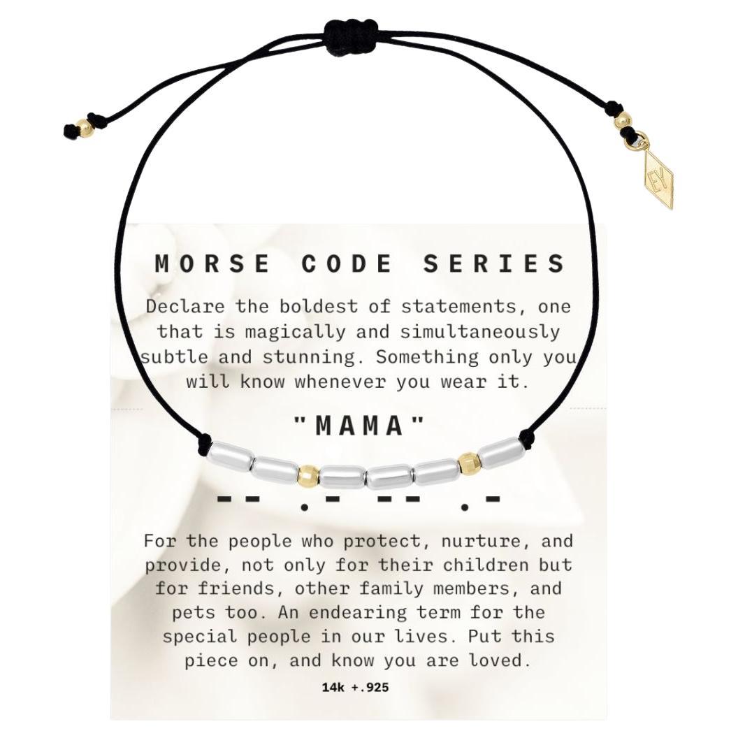 14K+.925 "Morse Code" Series MAMA Bracelet on Adjustable Macrame Cord For Sale