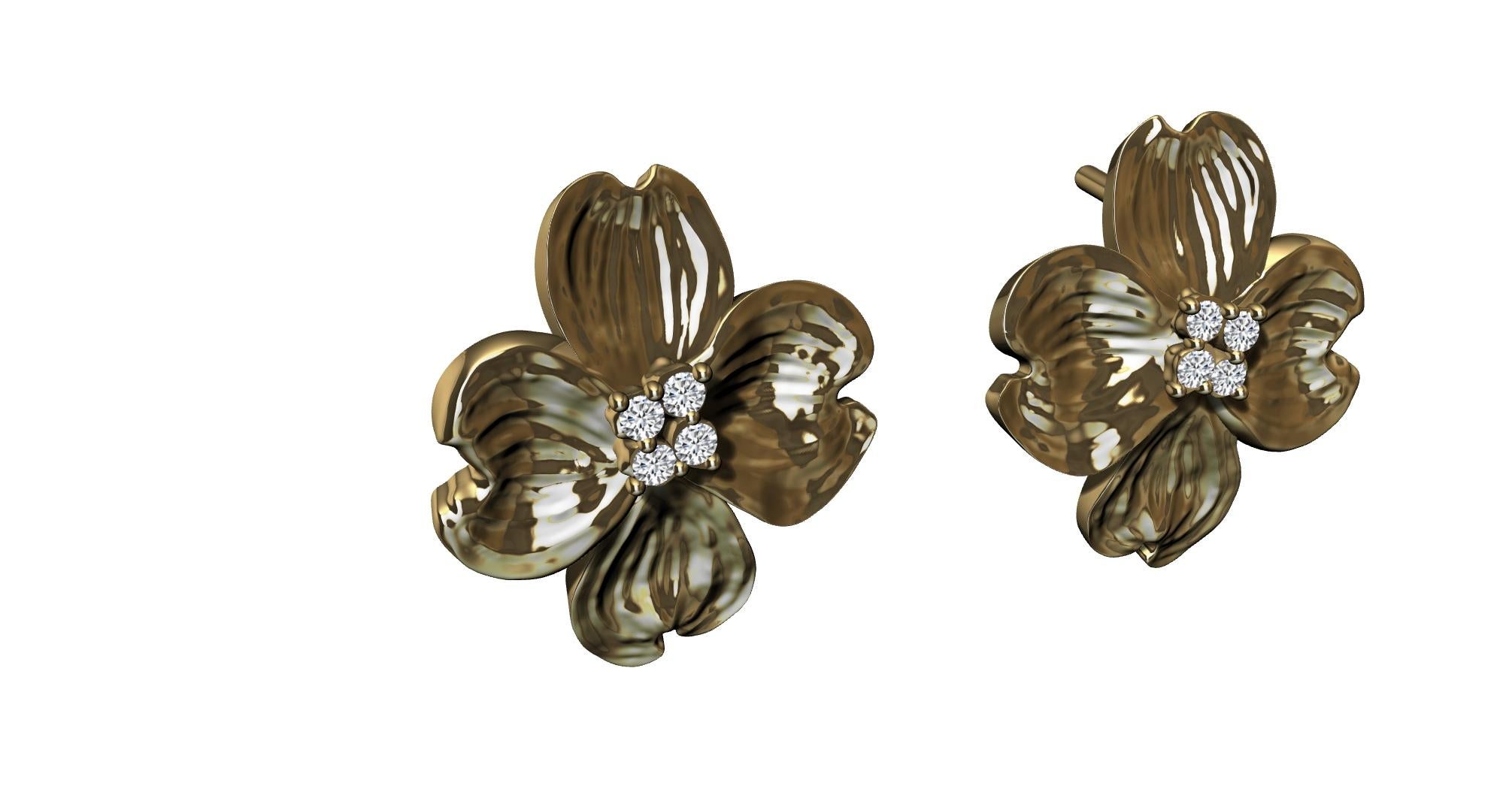 Boucles d'oreilles en or 14 carats en forme de cornouiller, Les fleurs sont une grande source d'inspiration pour les bijoux de toutes sortes. Ces 4 pétales avec 4 diamants pour accentuer le dessin et les mettre en valeur.
 Fabriqué sur commande à