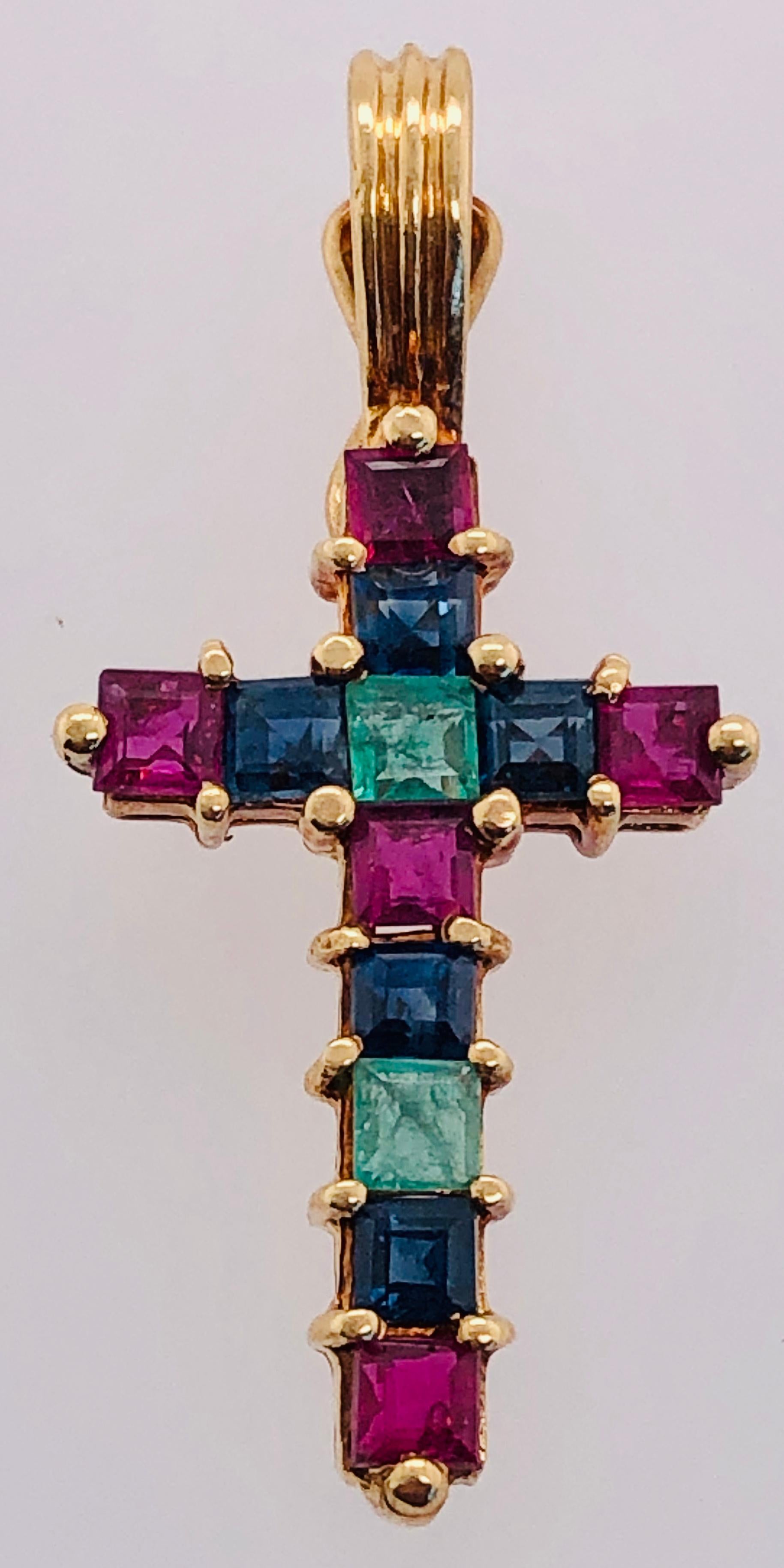 Women's or Men's 14 Karat Yellow Gold Multicolored Cushion Cut Semi Precious Stones Cross Pendant