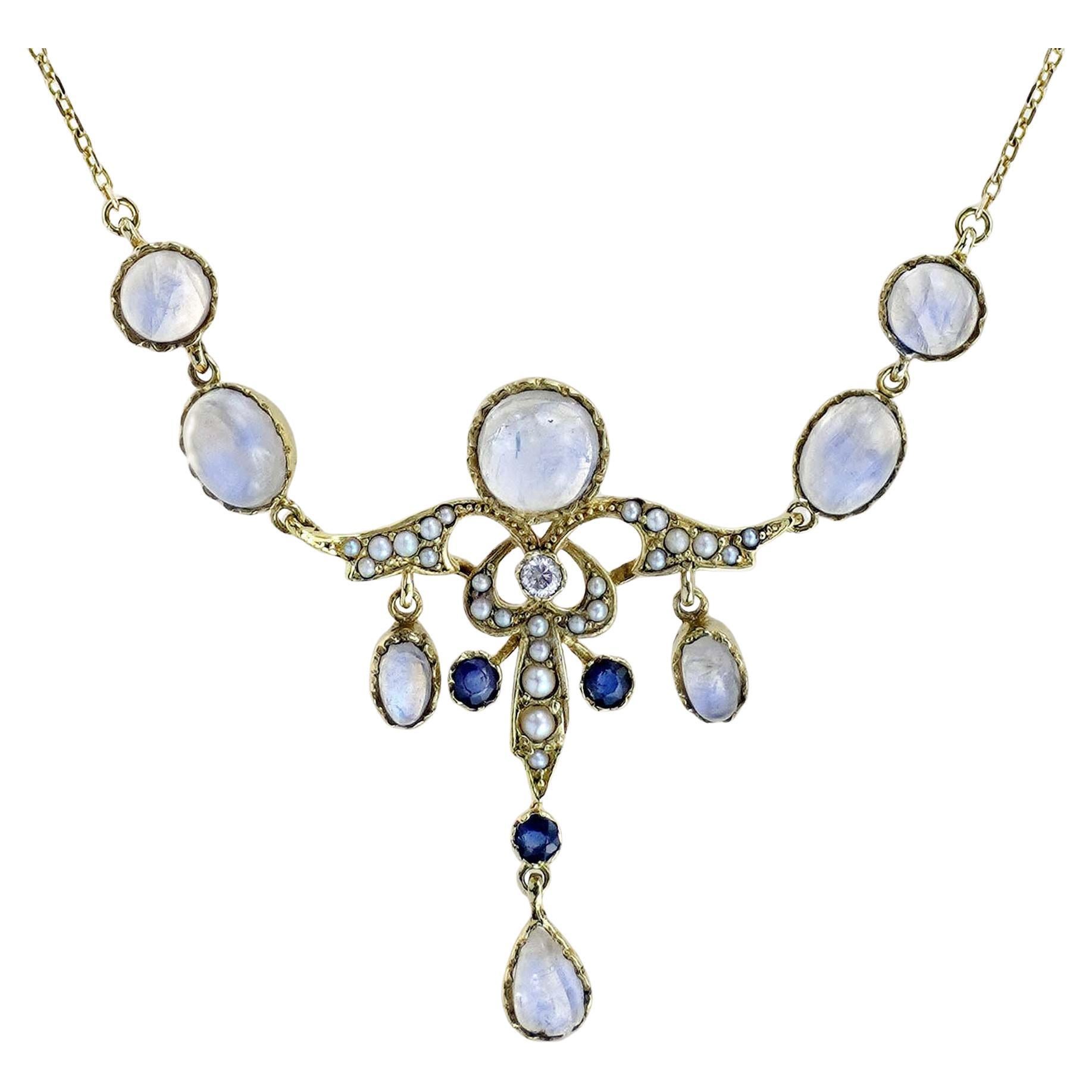 14KGold Moonstone Sapphire Pearl and Diamond Vintage Style Floral Necklace