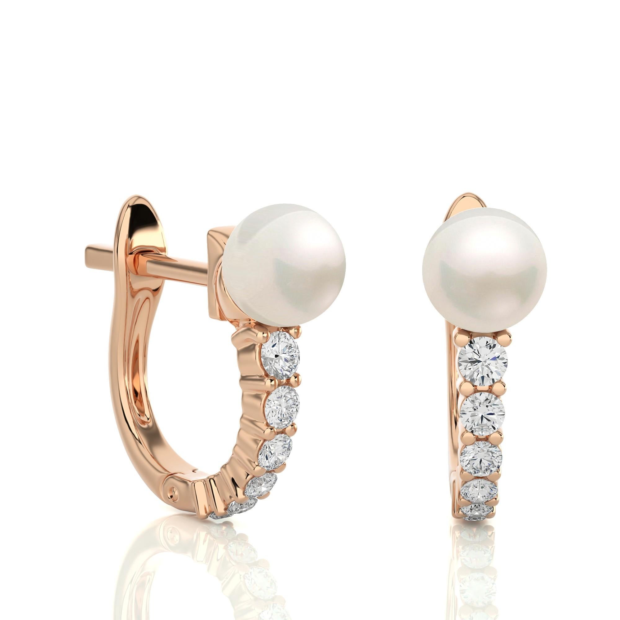 Round Cut 14KR Gold - Modern Diamond And Pearl Huggie Earrings (0.27 Ct). For Sale