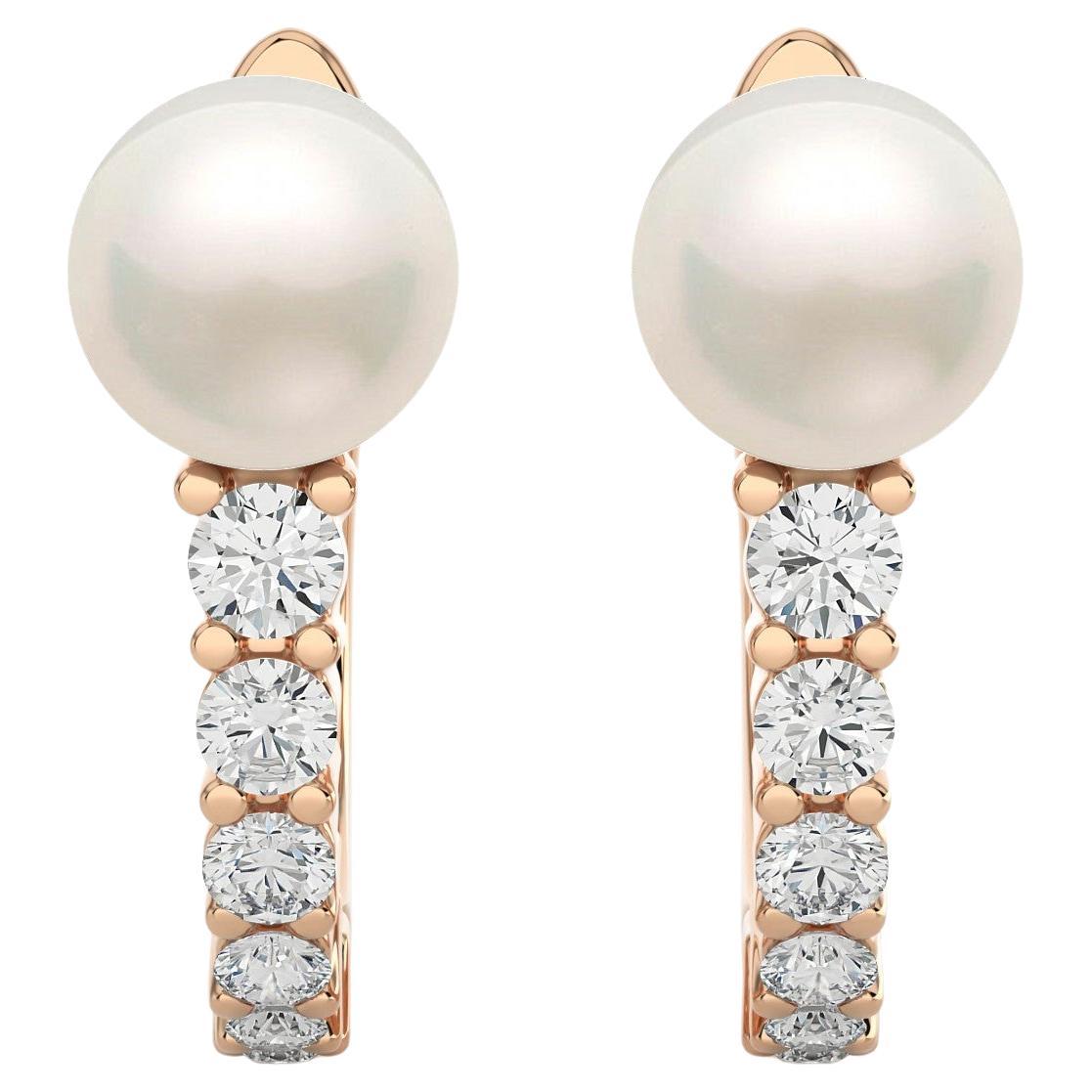 14KR Gold - Modern Diamond And Pearl Huggie Earrings (0.27 Ct). For Sale