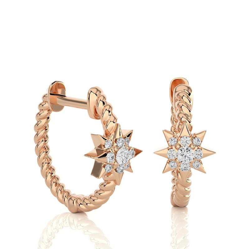 Modern 14KR Gold -Single Star Diamond Huggie Earrings (0.09 Ct). For Sale