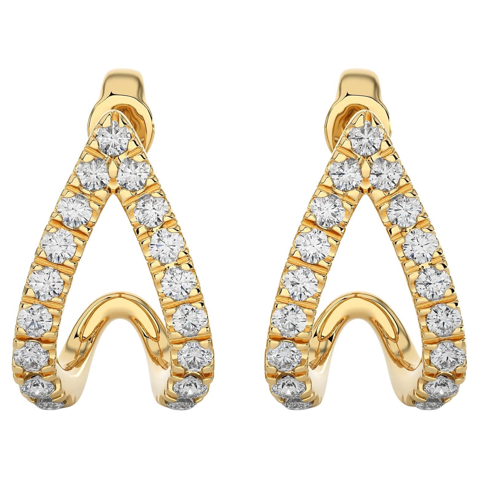 14KY Gold - Modern Two-Row Split Diamond Huggie Earrings. (0.29 Ct)