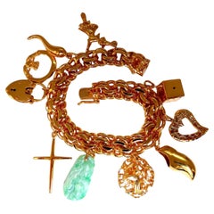 14kt 10 Charm Bracelet Fairy Horn Irish Lock Cross Jade Mary Slipper Heart Dice*