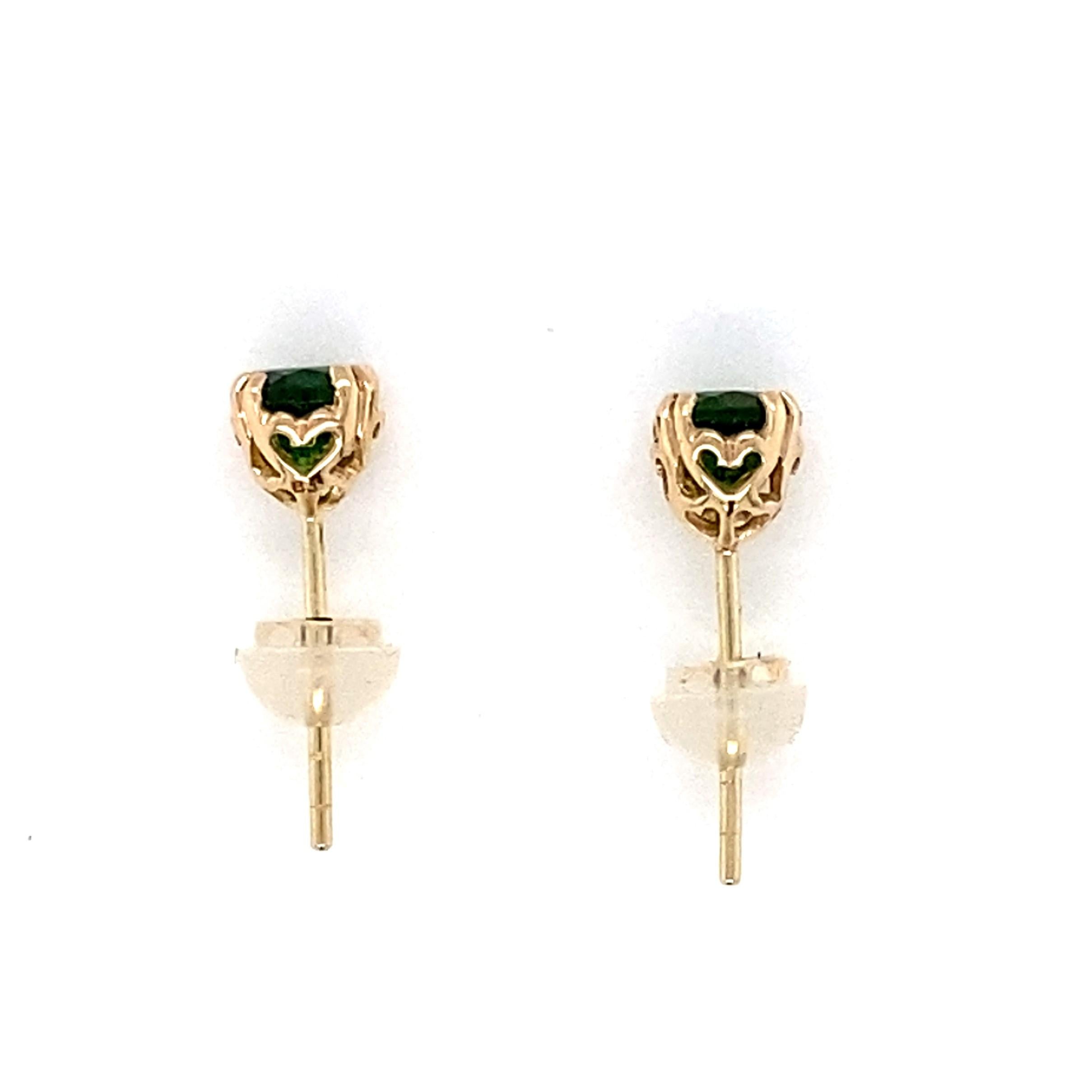 Women's or Men's Chrome Diopside 5mm Faceted Round 14 Karat Yellow Gold Stud Earrings