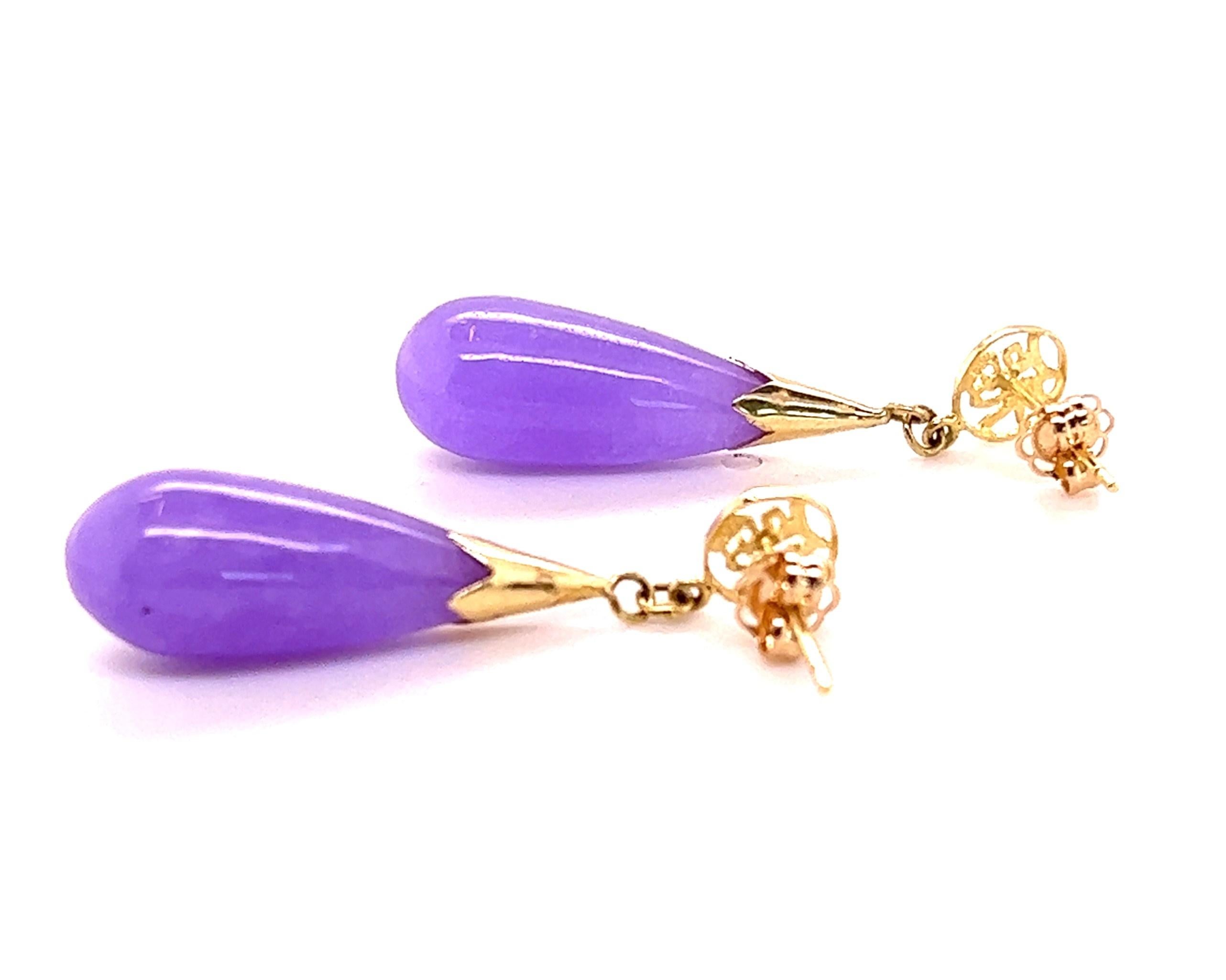 Pear Cut 14kt 16.02 Carat Purple Jade Drop Earrings 
