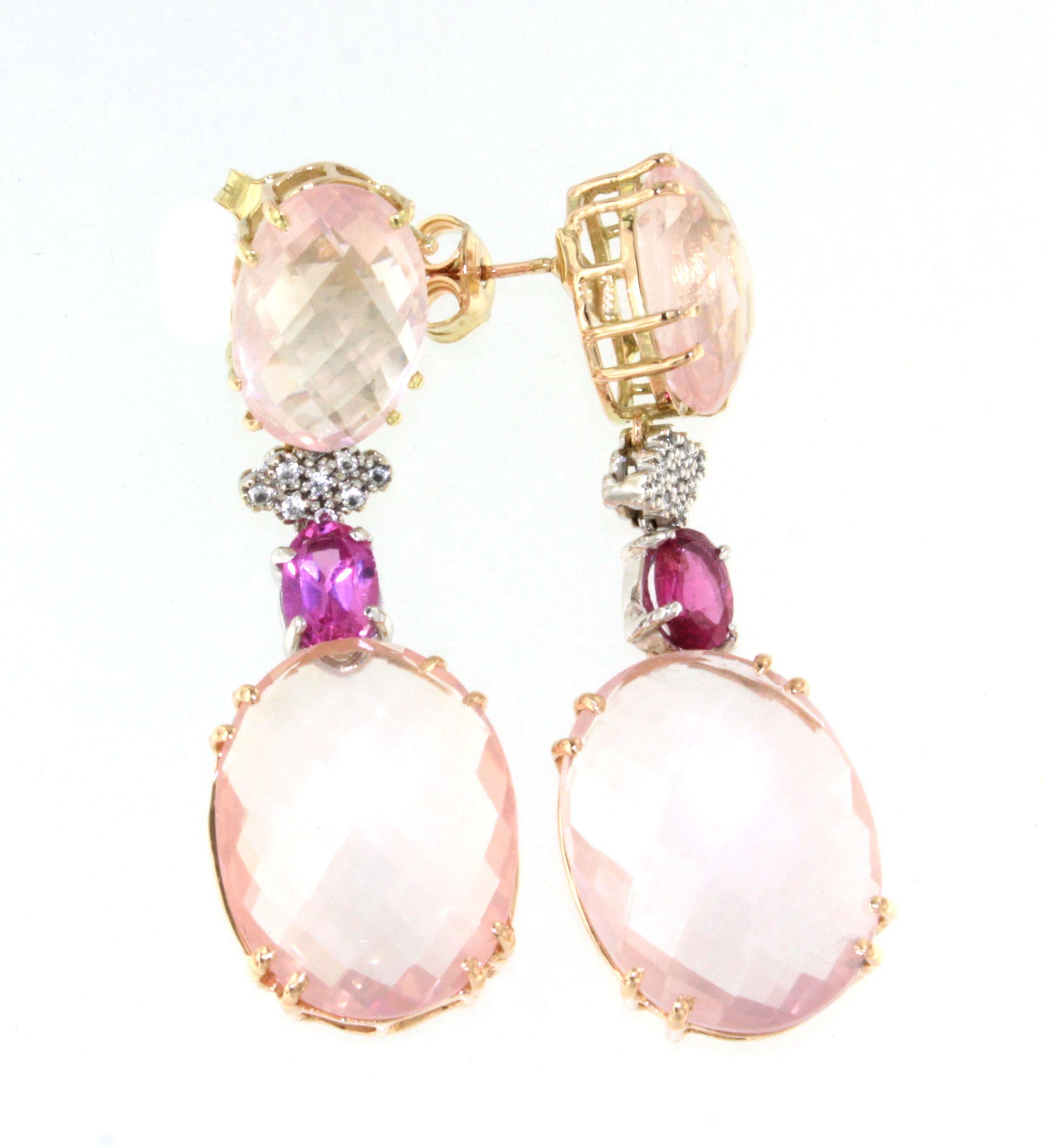 Contemporary 14kt 18Kt Rose Gold With Quartz Tourmaline White Diamonds Modern Pretty Earrings For Sale