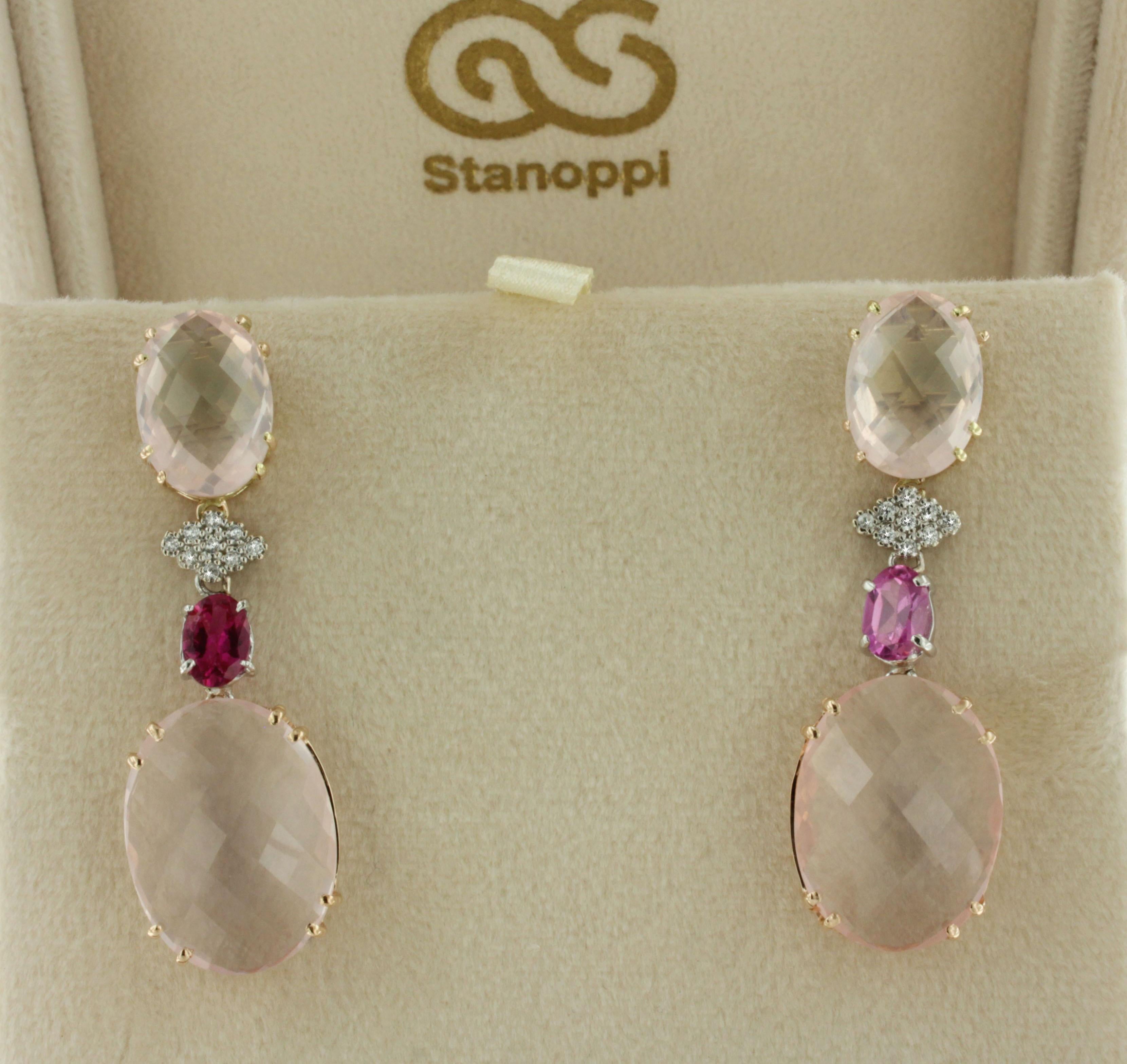 da uomo o donna Orecchini in oro rosa 14kt 18Kt con quarzo, tormalina e diamanti bianchi, moderni e graziosi in vendita