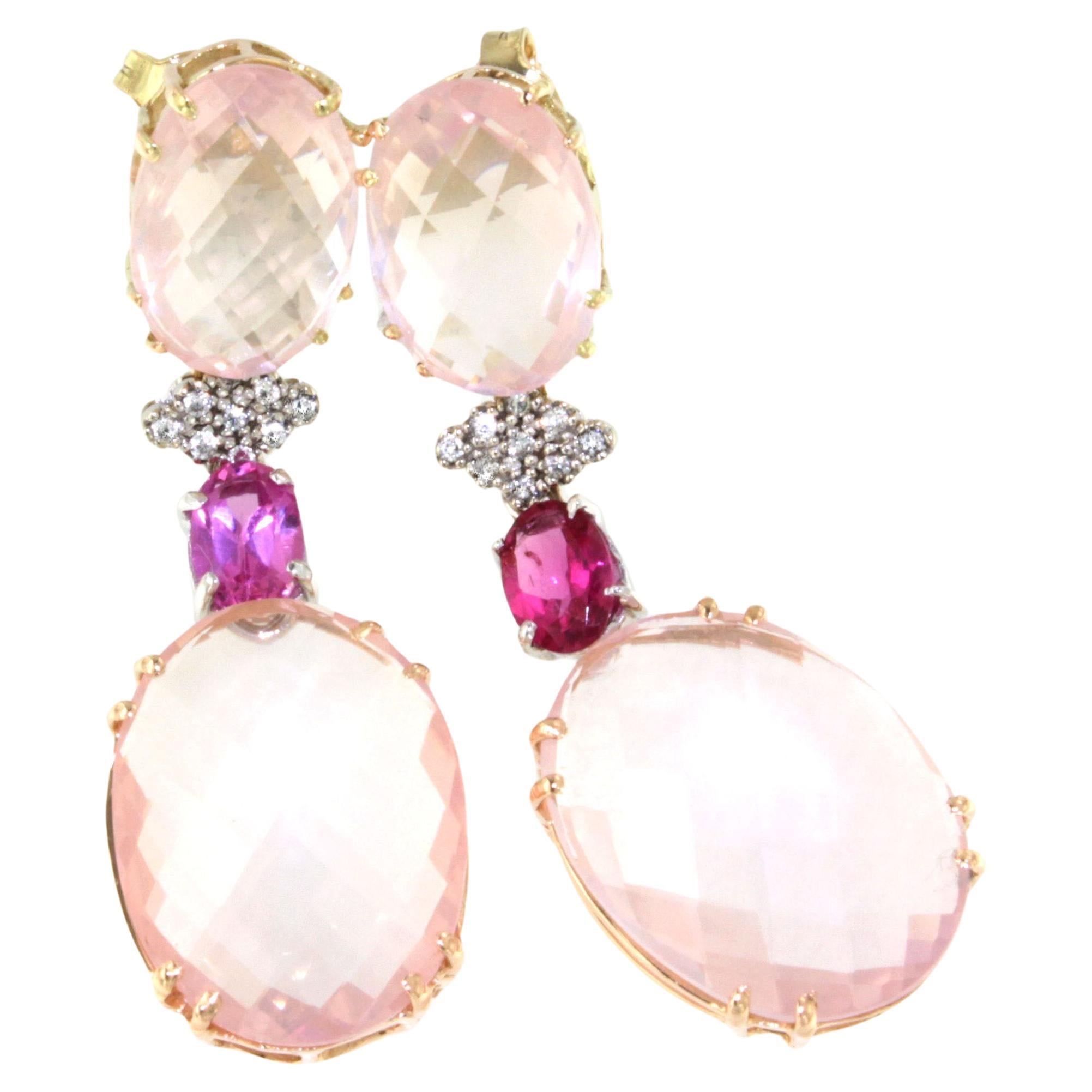 14kt Or Rose 18Kt avec Quartz Tourmaline Diamants Blancs Modernes Jolies Boucles d'oreilles
